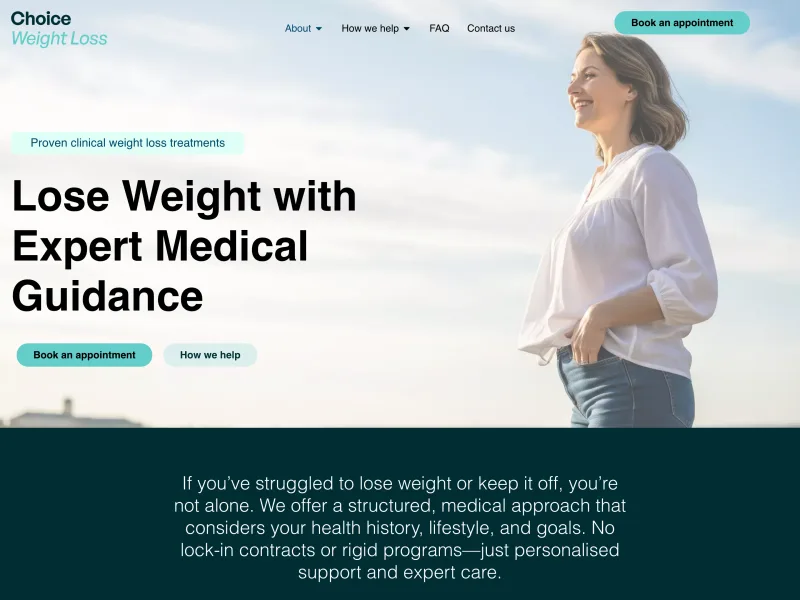The Choice Weight Loss home page: a headline about expert medical guidance over a photograph, with a button to book an appointment.