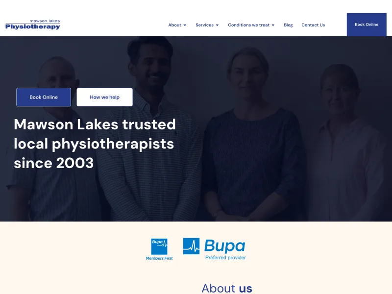 The Mawson Lakes Physiotherapy home page: the practitioners photographed together behind a headline about treating the area since 2003.