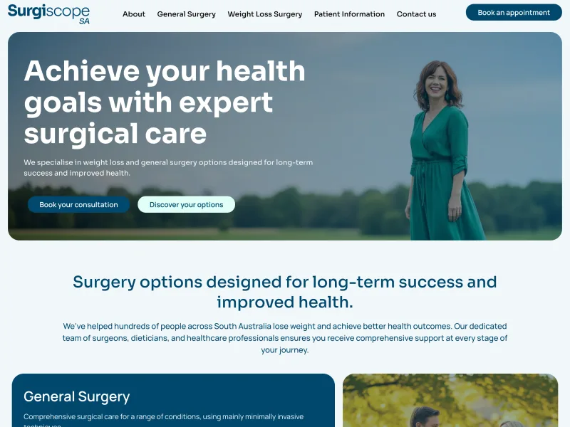 The Surgiscope SA home page: a headline about expert surgical care over a photograph, with buttons to book a consultation and read the options.